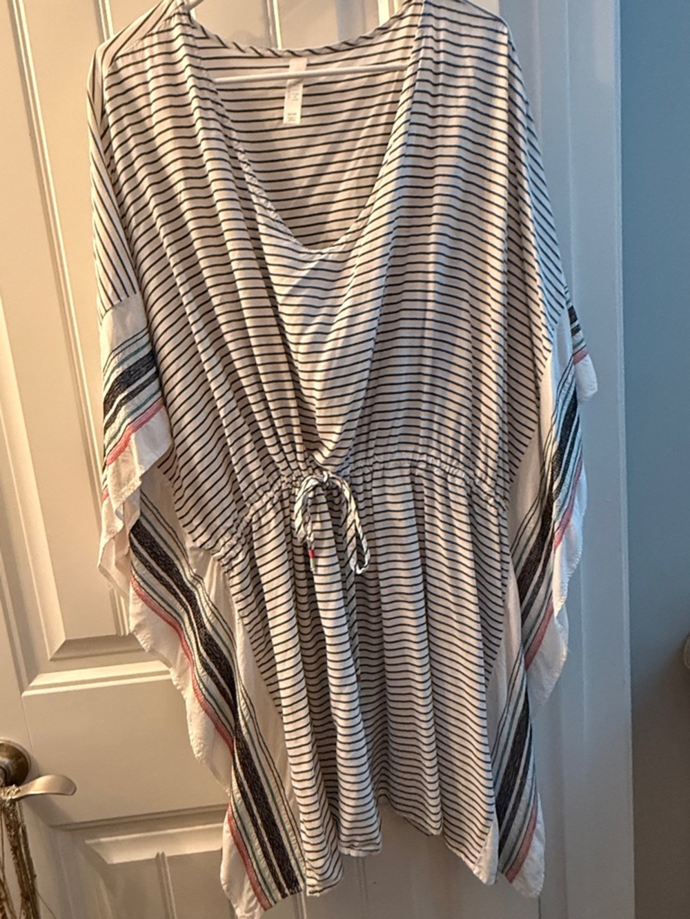 Cacique Striped Black and White Drawstring Swim Coverup with Multicolor Accent